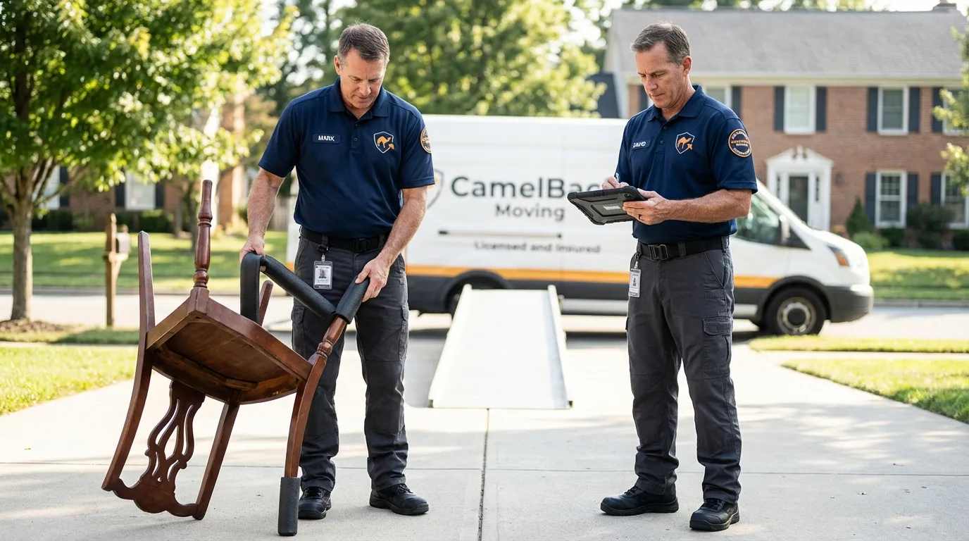 Movers inspecting furniture for damage prevention before loading in Interlachen, FL