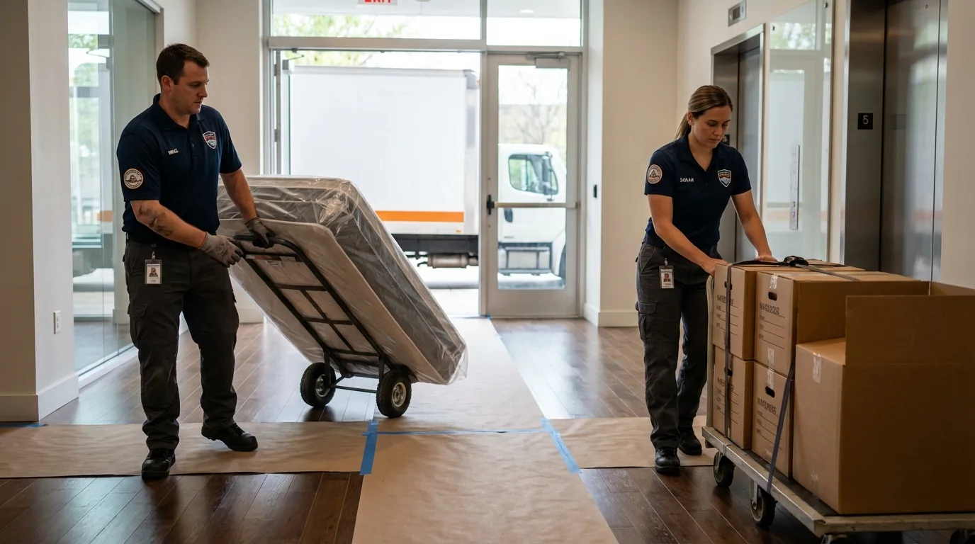 Professional apartment movers loading elevator in Interlachen, FL